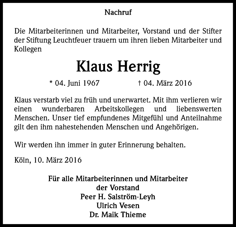  Traueranzeige für Klaus Herrig vom 12.03.2016 aus Kölner Stadt-Anzeiger / Kölnische Rundschau / Express