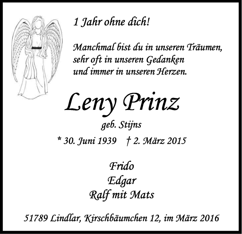  Traueranzeige für Leny Prinz vom 02.03.2016 aus Kölner Stadt-Anzeiger / Kölnische Rundschau / Express