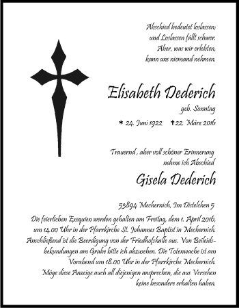 Anzeige von Elisabeth Dederich von Kölner Stadt-Anzeiger / Kölnische Rundschau / Express