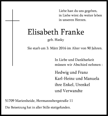 Anzeige von Elisabeth Franke von Kölner Stadt-Anzeiger / Kölnische Rundschau / Express