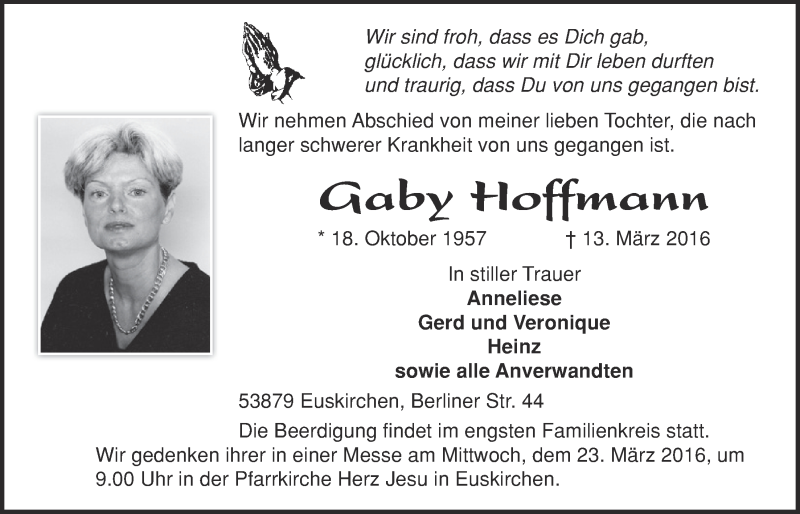  Traueranzeige für Gaby Hoffmann vom 20.03.2016 aus  Blickpunkt Euskirchen 