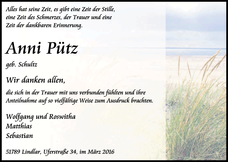  Traueranzeige für Anni Pütz vom 05.03.2016 aus Kölner Stadt-Anzeiger / Kölnische Rundschau / Express