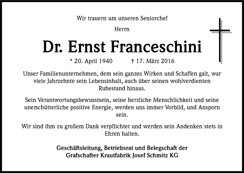  Traueranzeige für Ernst Franceschini vom 21.03.2016 aus Kölner Stadt-Anzeiger / Kölnische Rundschau / Express