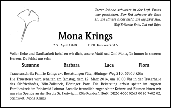 Anzeige von Mona Krings von Kölner Stadt-Anzeiger / Kölnische Rundschau / Express