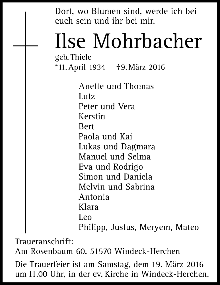  Traueranzeige für Ilse Mohrbacher vom 12.03.2016 aus Kölner Stadt-Anzeiger / Kölnische Rundschau / Express