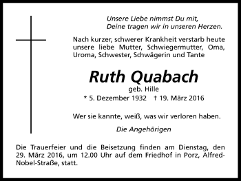 Anzeige von Ruth Quabach von Kölner Stadt-Anzeiger / Kölnische Rundschau / Express