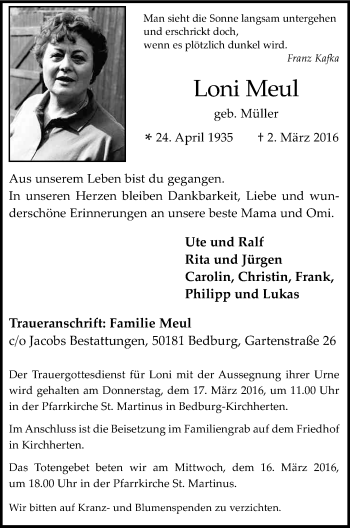 Anzeige von Loni Meul von Kölner Stadt-Anzeiger / Kölnische Rundschau / Express