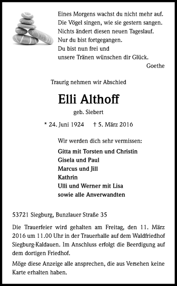 Anzeige von Elli Althoff von Kölner Stadt-Anzeiger / Kölnische Rundschau / Express