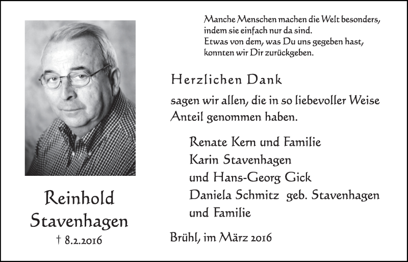  Traueranzeige für Reinhold Stavenhagen vom 09.03.2016 aus  Schlossbote/Werbekurier 