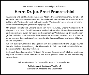 Anzeige von Ernst Franceschini von Kölner Stadt-Anzeiger / Kölnische Rundschau / Express