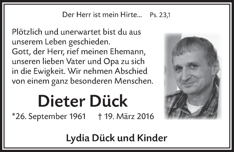 Traueranzeige für Dieter Dück vom 23.03.2016 aus  Anzeigen Echo 