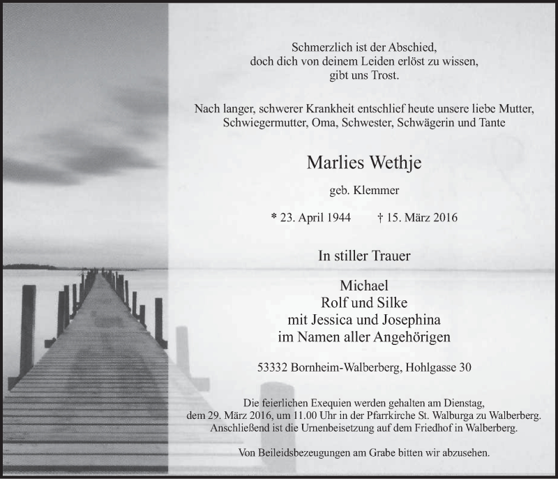  Traueranzeige für Marlies Wethje vom 23.03.2016 aus  Schlossbote/Werbekurier 
