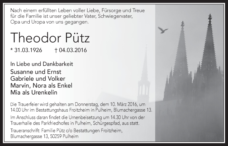  Traueranzeige für Theodor Pütz vom 09.03.2016 aus  Wochenende 