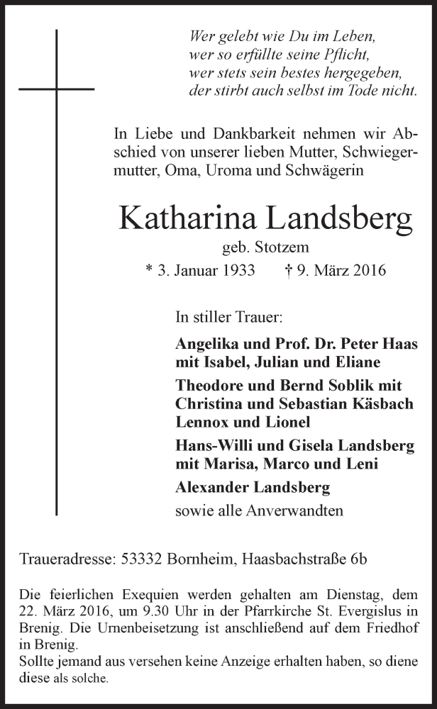  Traueranzeige für Katharina Landsberg vom 16.03.2016 aus  Schaufenster/Blickpunkt 
