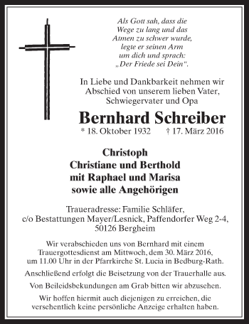 Anzeige von Bernhard Schreiber von  Werbepost 