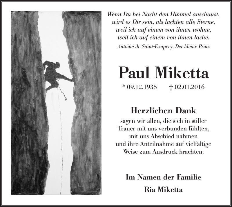  Traueranzeige für Paul Miketta vom 16.03.2016 aus  Extra Blatt 