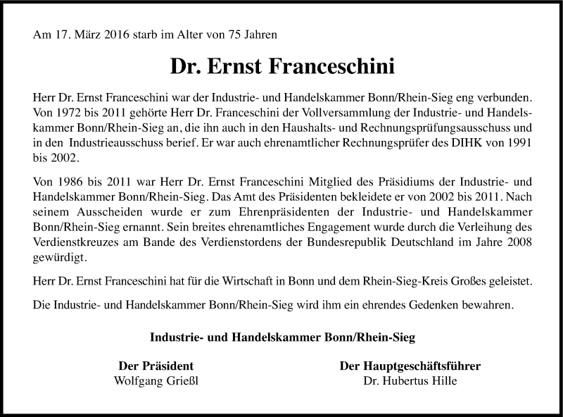  Traueranzeige für Ernst Franceschini vom 23.03.2016 aus Kölner Stadt-Anzeiger / Kölnische Rundschau / Express