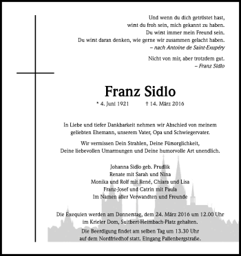 Anzeige von Franz Sidlo von Kölner Stadt-Anzeiger / Kölnische Rundschau / Express