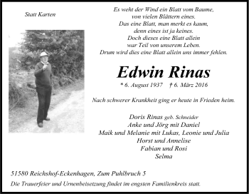 Anzeige von Edwin Rinas von Kölner Stadt-Anzeiger / Kölnische Rundschau / Express