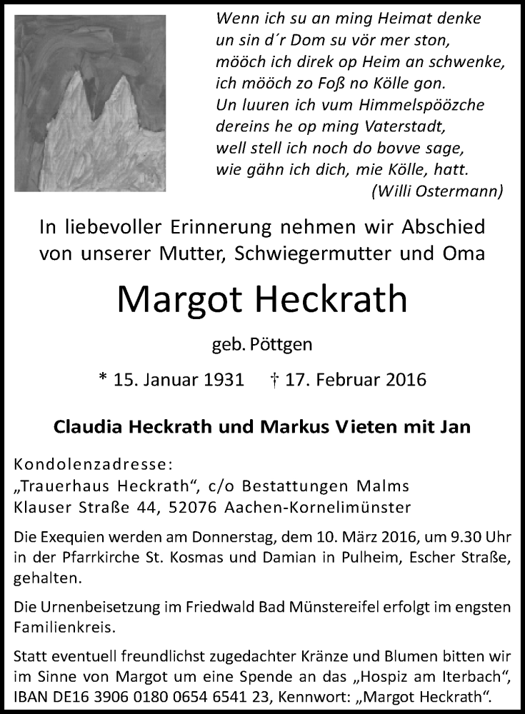  Traueranzeige für Margot Heckrath vom 05.03.2016 aus  Sonntags-Post 