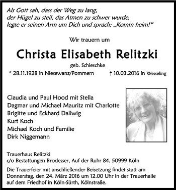 Anzeige von Christa Elisabeth Relitzki von Kölner Stadt-Anzeiger / Kölnische Rundschau / Express
