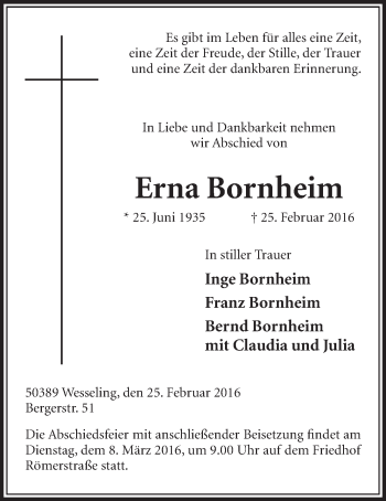 Anzeige von Erna Bornheim von  Schlossbote/Werbekurier 