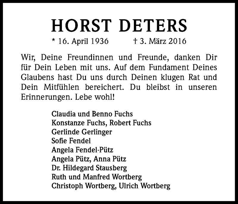  Traueranzeige für Horst Deters vom 12.03.2016 aus Kölner Stadt-Anzeiger / Kölnische Rundschau / Express