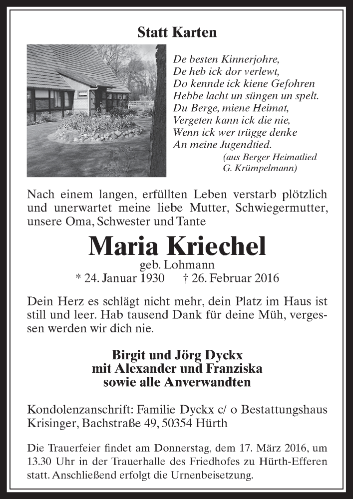  Traueranzeige für Maria Kriechel vom 16.03.2016 aus  Wochenende 