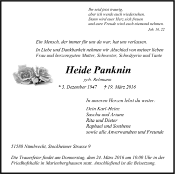 Anzeige von Heide Panknin von Kölner Stadt-Anzeiger / Kölnische Rundschau / Express