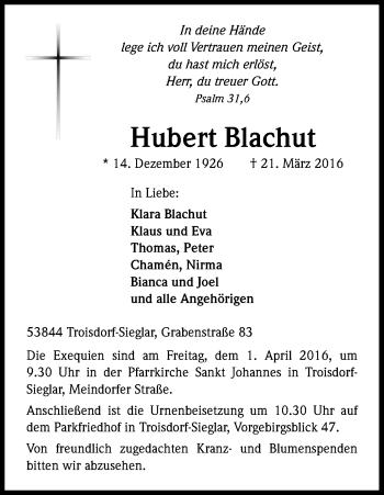 Anzeige von Hubert Blachut von Kölner Stadt-Anzeiger / Kölnische Rundschau / Express
