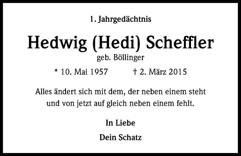  Traueranzeige für Hedwig  Scheffler vom 02.03.2016 aus Kölner Stadt-Anzeiger / Kölnische Rundschau / Express