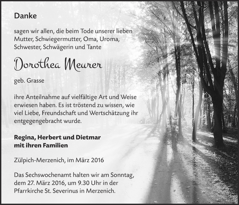  Traueranzeige für Dorothea Meurer vom 20.03.2016 aus  Blickpunkt Euskirchen 