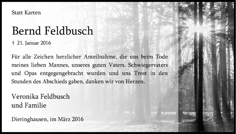  Traueranzeige für Bernd Feldbusch vom 09.03.2016 aus  Anzeigen Echo 