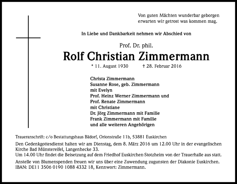  Traueranzeige für Rolf Christian Zimmermann vom 05.03.2016 aus Kölner Stadt-Anzeiger / Kölnische Rundschau / Express