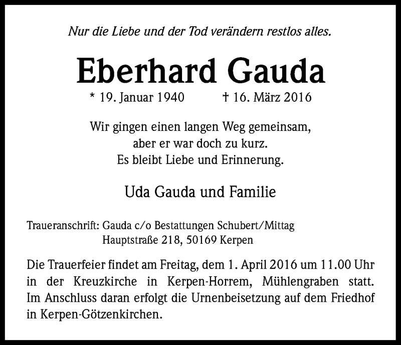  Traueranzeige für Eberhard Gauda vom 31.03.2016 aus Kölner Stadt-Anzeiger / Kölnische Rundschau / Express