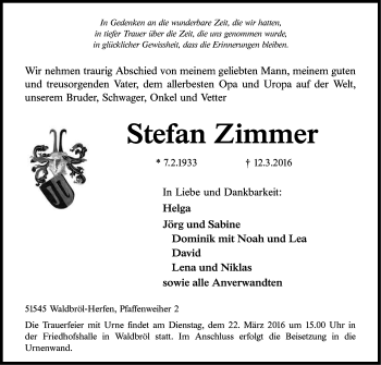 Anzeige von Stefan Zimmer von Kölner Stadt-Anzeiger / Kölnische Rundschau / Express