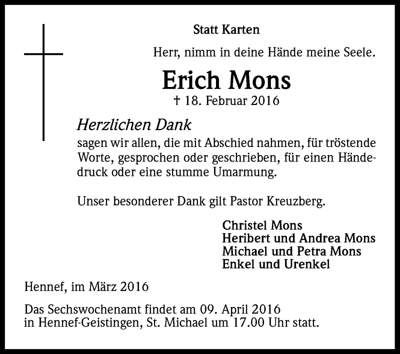  Traueranzeige für Erich Mons vom 19.03.2016 aus Kölner Stadt-Anzeiger / Kölnische Rundschau / Express