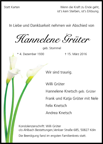 Anzeige von Hannelene Grüter von Kölner Stadt-Anzeiger / Kölnische Rundschau / Express