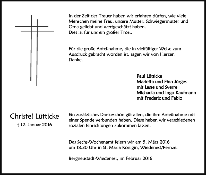  Traueranzeige für Christel Lütticke vom 02.03.2016 aus Kölner Stadt-Anzeiger / Kölnische Rundschau / Express