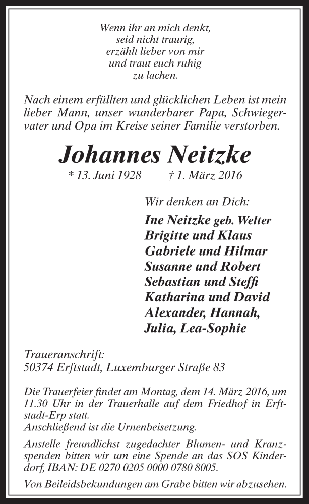  Traueranzeige für Johannes Neitzke vom 09.03.2016 aus  Werbepost 