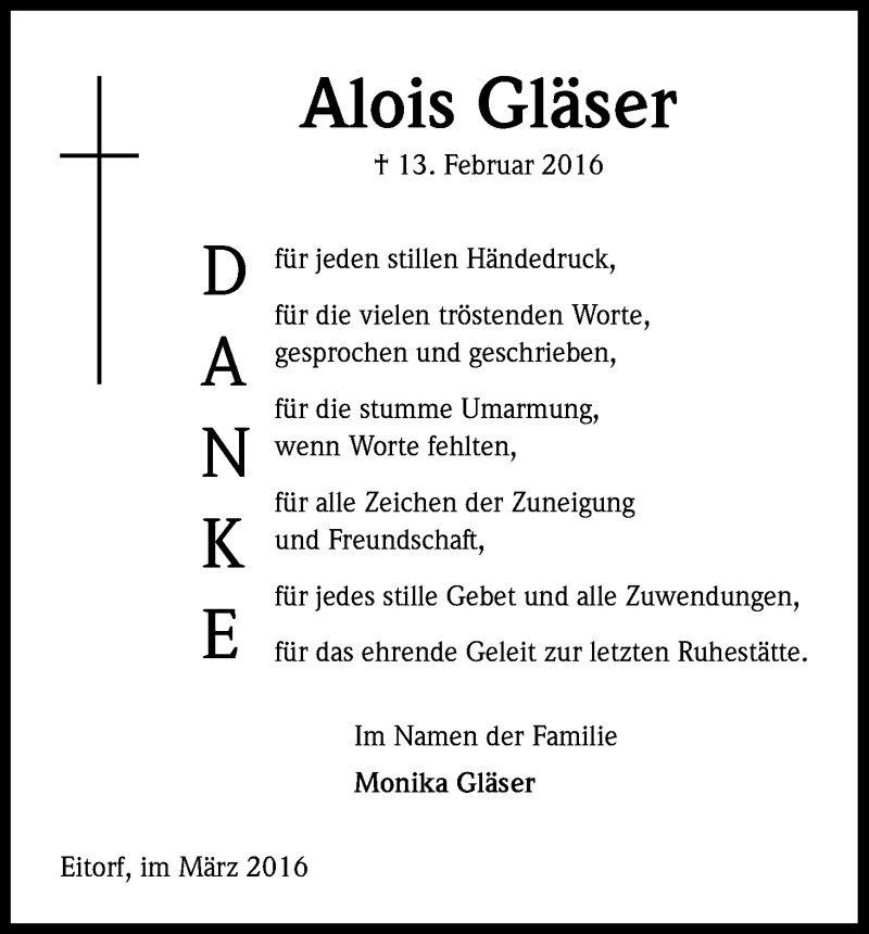  Traueranzeige für Alois Gläser vom 19.03.2016 aus Kölner Stadt-Anzeiger / Kölnische Rundschau / Express