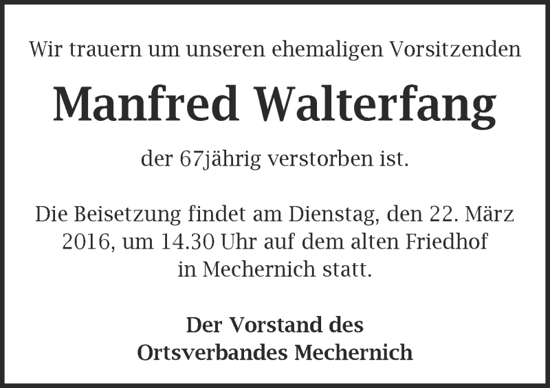  Traueranzeige für Manfred Walterfang vom 20.03.2016 aus  Blickpunkt Euskirchen 