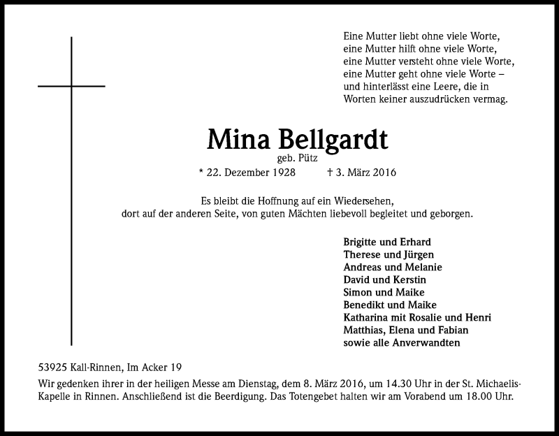  Traueranzeige für Mina Bellgardt vom 05.03.2016 aus Kölner Stadt-Anzeiger / Kölnische Rundschau / Express