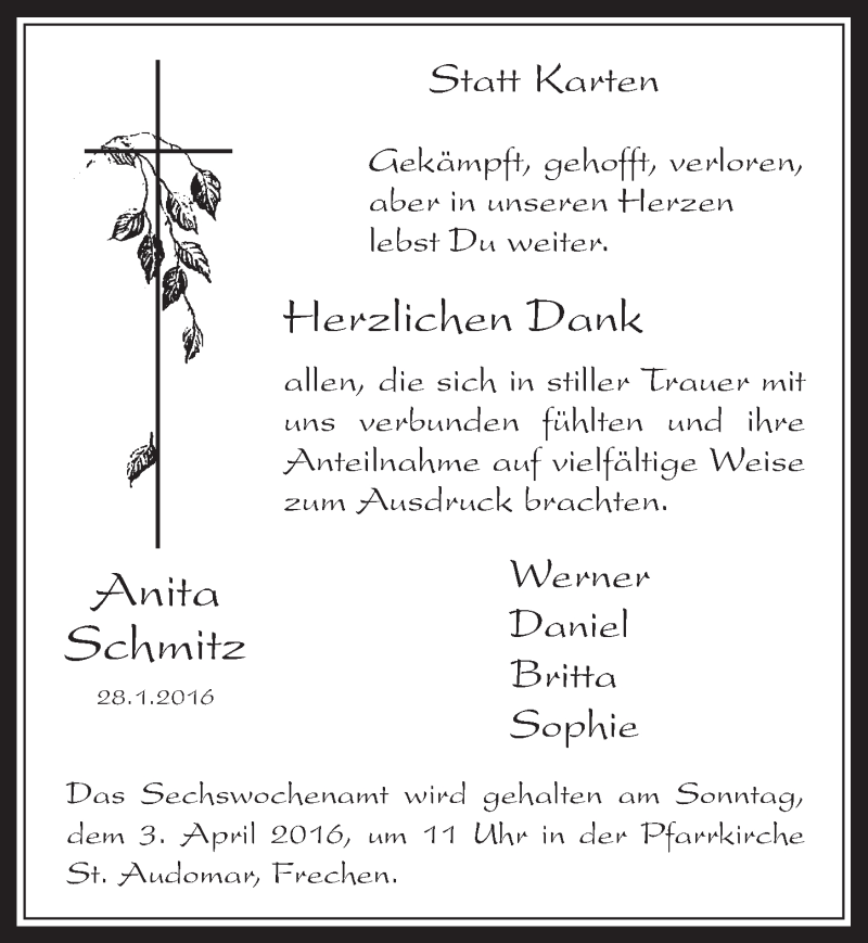  Traueranzeige für Anita Schmitz vom 16.03.2016 aus  Wochenende 