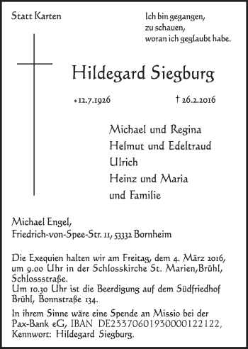 Anzeige von Hildegard Siegburg von  Schlossbote/Werbekurier 