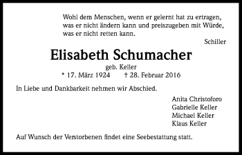 Anzeige von Elisabeth Schumacher von Kölner Stadt-Anzeiger / Kölnische Rundschau / Express