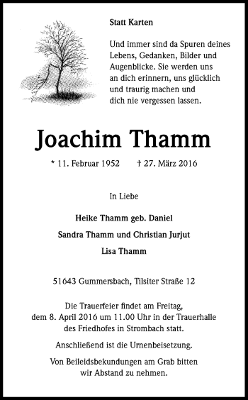 Anzeige von Joachim Thamm von Kölner Stadt-Anzeiger / Kölnische Rundschau / Express