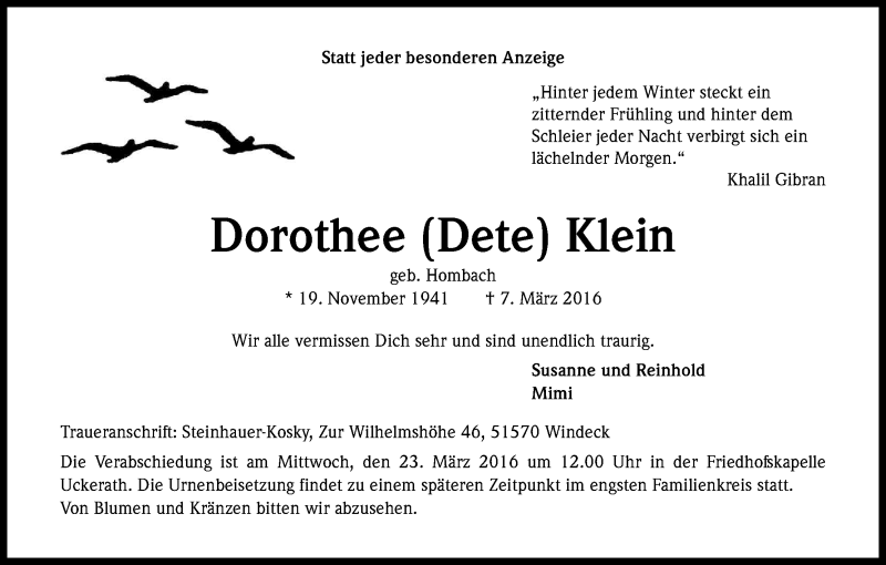  Traueranzeige für Dorothee Klein vom 15.03.2016 aus Kölner Stadt-Anzeiger / Kölnische Rundschau / Express