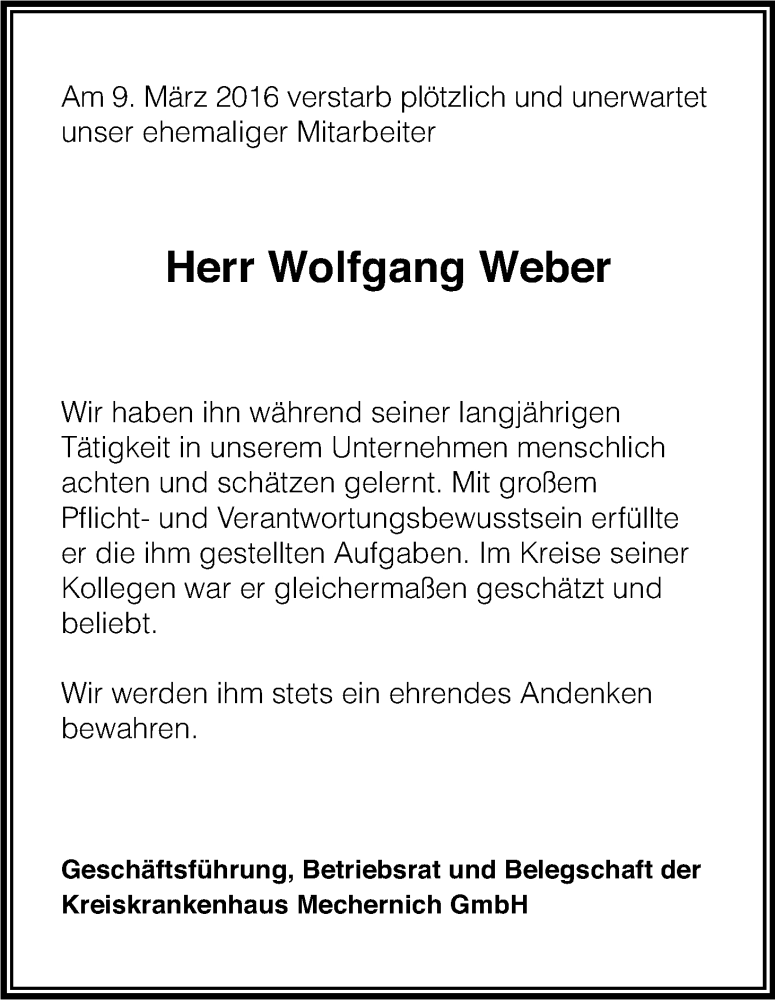  Traueranzeige für Wolfgang Weber vom 12.03.2016 aus Kölner Stadt-Anzeiger / Kölnische Rundschau / Express