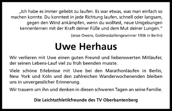 Anzeige von Uwe Herhaus von Kölner Stadt-Anzeiger / Kölnische Rundschau / Express